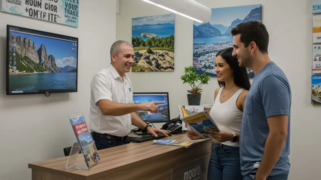 Qual a Agência de Viagem Mais Confiável: Um agente de viagens de meia-idade, com uma camisa branca, sorri e aponta para um folheto enquanto conversa com um jovem casal em uma agência de viagens moderna com fotos de paisagens na parede e um monitor exibindo uma vista de montanha.