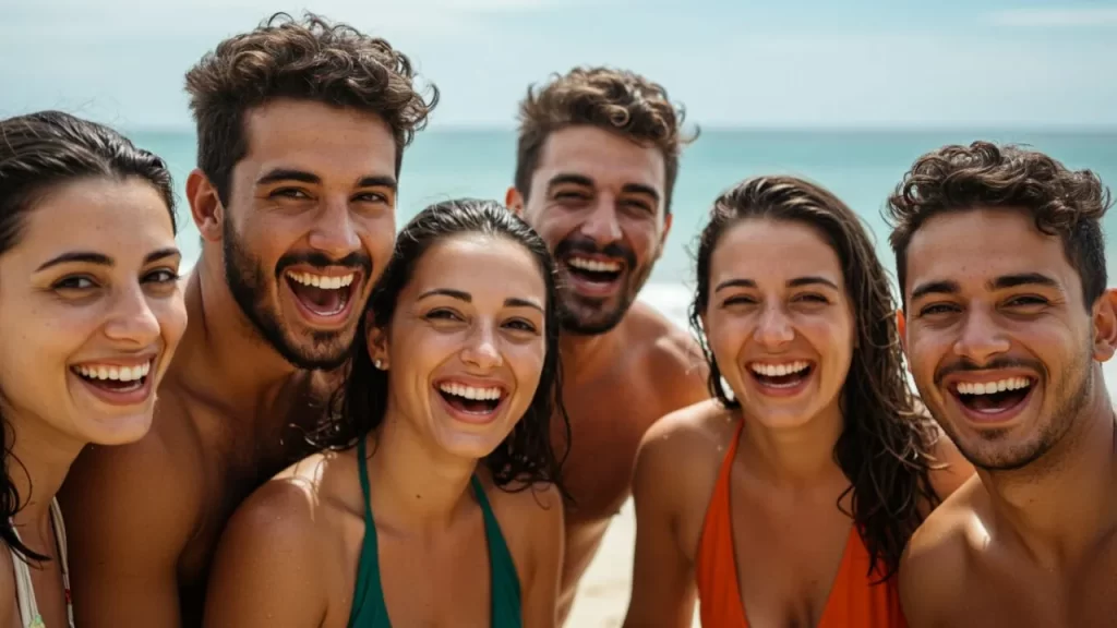 10 Melhores Destinos de Férias no Espírito Santo: Seu Guia Definitivo e Completo para Férias Inesquecíveis em 2025 2 Melhores Destinos de Férias no Espírito Santo: Close-up de um grupo de seis jovens adultos, três homens e três mulheres, com sorrisos largos e olhares felizes, posando juntos em uma praia ensolarada em Guarapari. Eles estão próximos uns dos outros, transmitindo uma sensação de camaradagem e diversão. O fundo desfocado mostra o mar azul e a areia da praia sob a luz do sol.