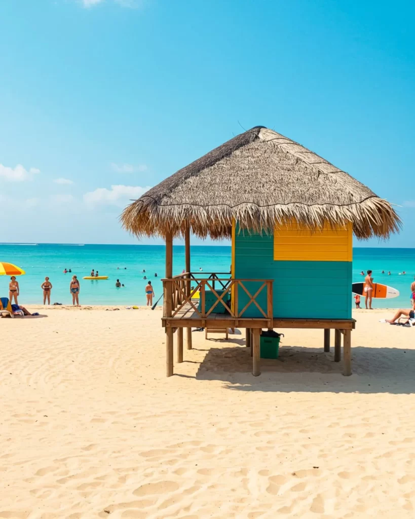 Viagem Para Praia Ideal: Descubra o Seu Paraíso Particular e Planeje o Inesquecível! 2 Uma cabana de praia com teto de sapé e paredes pintadas de azul e amarelo vibrante, construída sobre palafitas em uma praia de areia clara com muitas pessoas aproveitando o mar azul-turquesa sob um céu azul claro.