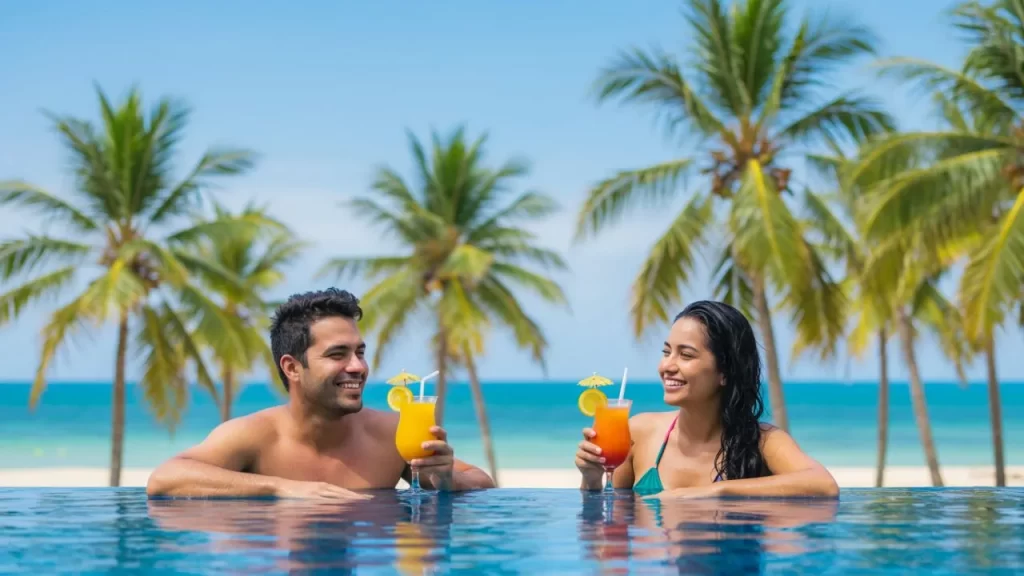 Reivax Viagens: Descubra o Brasil com Conforto, Segurança e Experiência 2 Um homem e uma mulher sorrindo, dentro de uma piscina de borda infinita com água azul clara, segurando coquetéis coloridos com guarda-chuvas e canudos, com o oceano azul e palmeiras ao fundo sob um céu azul claro.