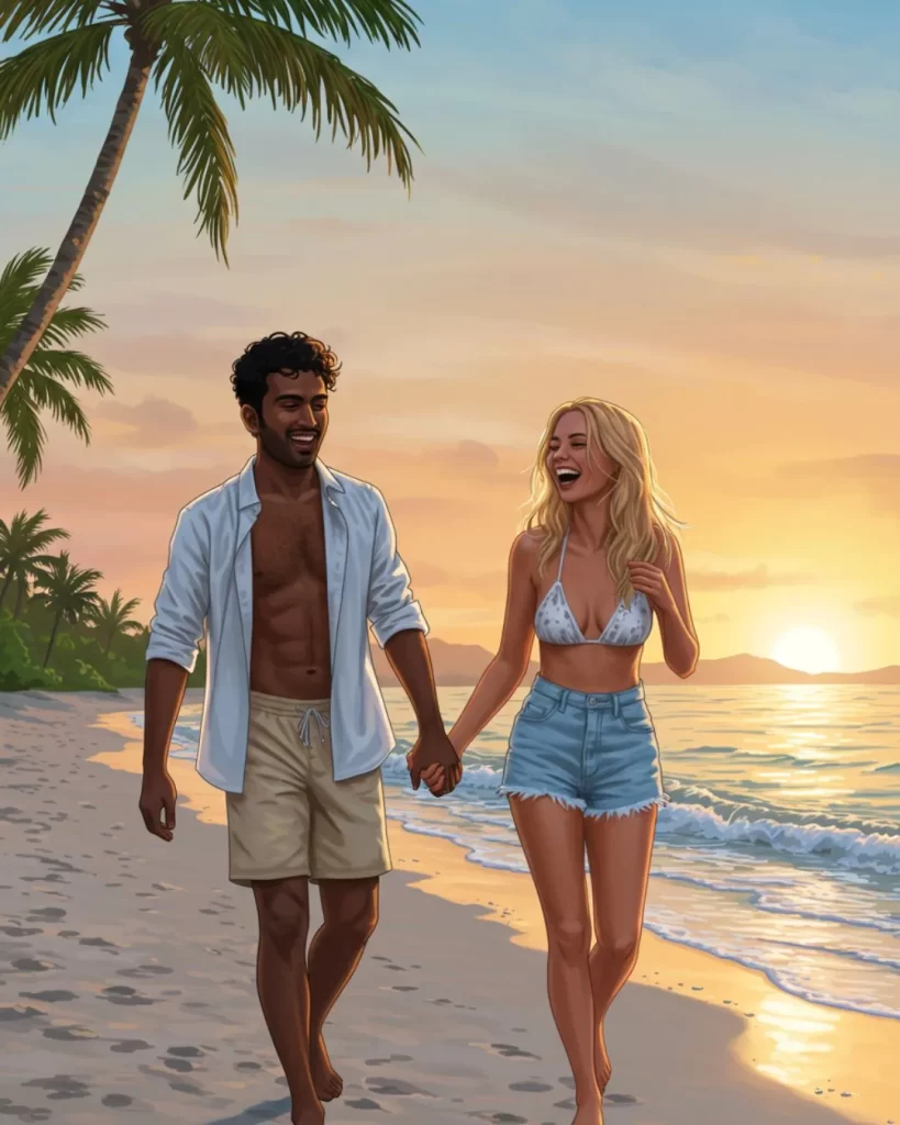 Viagem Para Praia Ideal: Descubra o Seu Paraíso Particular e Planeje o Inesquecível! 1 Viagem Para Praia Ideal: Ilustração de um homem moreno e uma mulher loira sorrindo e de mãos dadas caminhando descalços em uma praia arenosa ao pôr do sol, com ondas suaves quebrando na margem e silhuetas de palmeiras ao fundo.