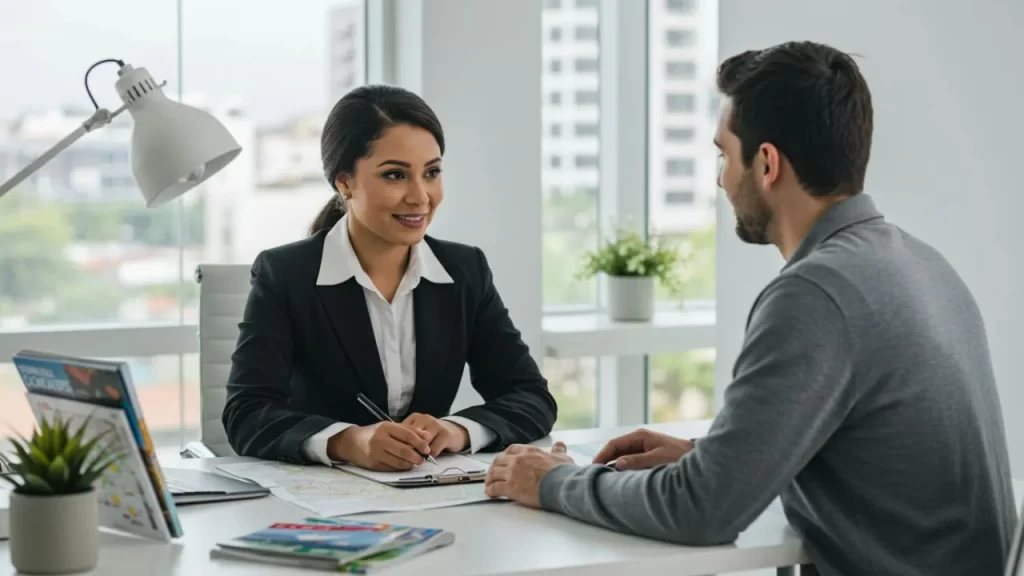 Uma consultora de viagens sorridente, vestindo um blazer preto e camisa branca, sentada à mesa e escrevendo em um bloco de notas enquanto conversa com um cliente homem em um escritório claro com uma luminária e folhetos de viagem sobre a mesa.