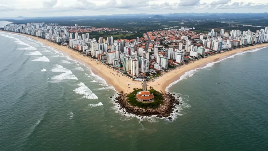 Descubra o Charme do Turismo de Inverno em Guarapari: Além do Sol e Praia 1 Turismo de Inverno em Guarapari: Vista aérea panorâmica da Praia do Morro em Guarapari, mostrando a faixa de areia, o mar com ondas, a densa área urbana com prédios e, em destaque na ponta, o Farol de Guarapari.