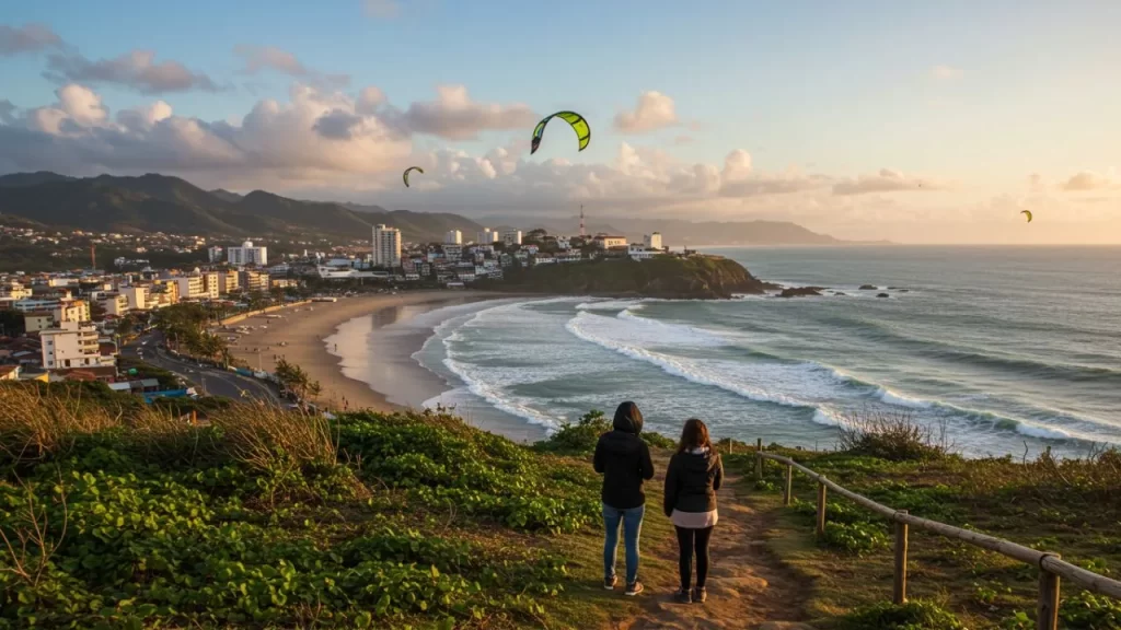 Descubra o Charme do Turismo de Inverno em Guarapari: Além do Sol e Praia 3 Turismo de Inverno em Guarapari: Um casal visto de costas caminhando por uma trilha gramada com uma cerca de madeira, observando a extensa orla de Guarapari ao pôr do sol, com praias, prédios da cidade e praticantes de kitesurf no mar.