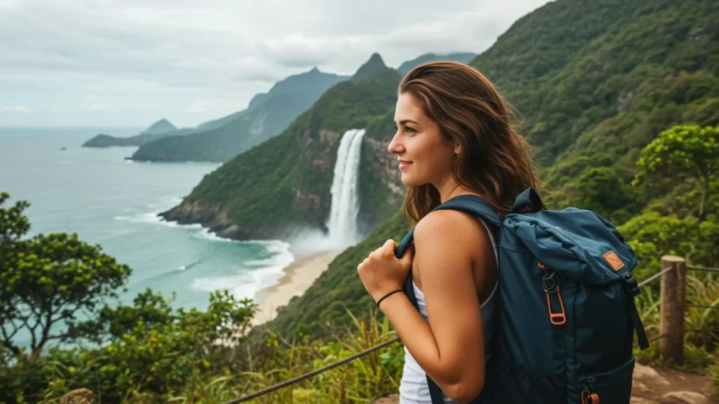 Aventure-se Solo: Guia Completo para Mulheres Viajantes no Brasil 1 Uma jovem mulher sorridente com uma mochila azul, observando uma paisagem costeira deslumbrante. Ela está em um ponto de vista elevado, com densa vegetação verde ao redor. Ao fundo, uma imponente cachoeira cai de uma montanha diretamente em uma praia de areia dourada banhada pelo oceano azul-turquesa. Montanhas cobertas de mata atlântica se estendem até o horizonte sob um céu nublado, evocando uma sensação de aventura e beleza natural.
