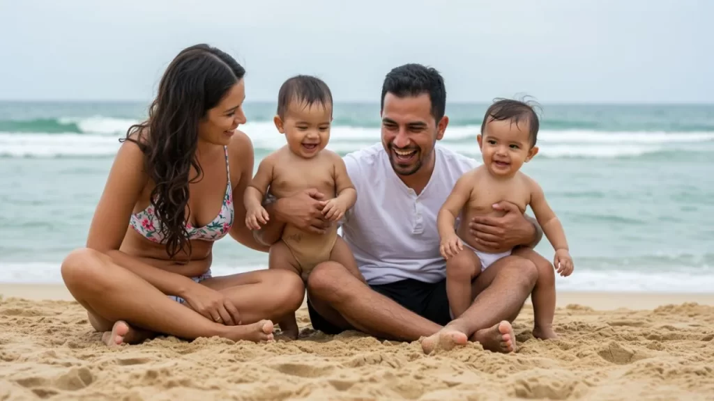 Descubra o Brasil em 2025: As Tendências de Viagem que Você Precisa Conhecer! 2 Brasil em 2025: Um casal sentado na areia da praia, sorrindo e segurando dois bebês, um em cada colo. O mar está ao fundo.