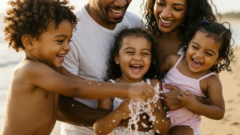 Familia rindo e brincando na praia