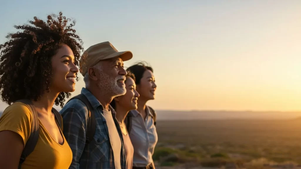 Um close-up lateral de um grupo diversificado de quatro pessoas, incluindo uma jovem com cabelo afro cacheado, um homem mais velho com um boné, e duas mulheres mais jovens, todas sorrindo e olhando para a direita em direção a uma paisagem indistinta sob um céu claro ao pôr do sol.