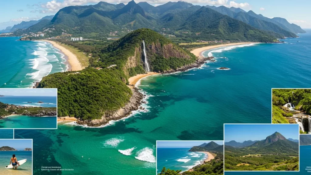 10 Melhores Destinos de Férias no Espírito Santo: Seu Guia Definitivo e Completo para Férias Inesquecíveis em 2025 1 Melhores Destinos de Férias no Espírito Santo: Vista aérea panorâmica de uma deslumbrante paisagem costeira em Guarapari, Espírito Santo. A imagem exibe praias de areia clara banhadas por águas oceânicas em tons vibrantes de azul e verde. Montanhas exuberantes, densamente arborizadas, formam o pano de fundo, e uma notável cachoeira deságua diretamente na praia. Pequenas imagens em miniatura ao redor da principal mostram detalhes da costa, ondas e vegetação.