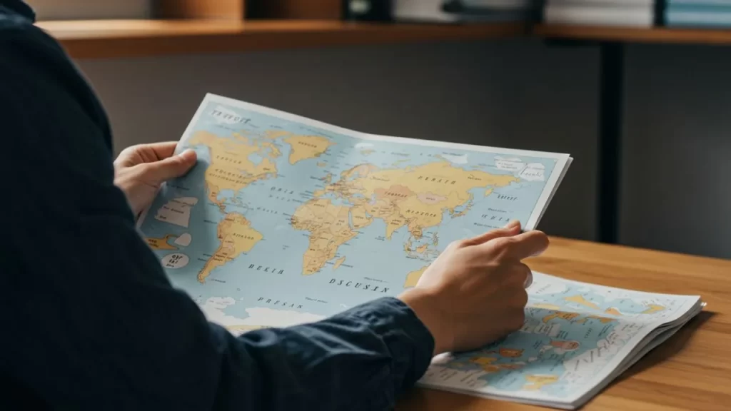 Qual a Agência de Viagem Mais Confiável? Um homem de costas, vestindo uma camisa azul escura, segura e examina um mapa-múndi aberto sobre uma mesa de madeira.