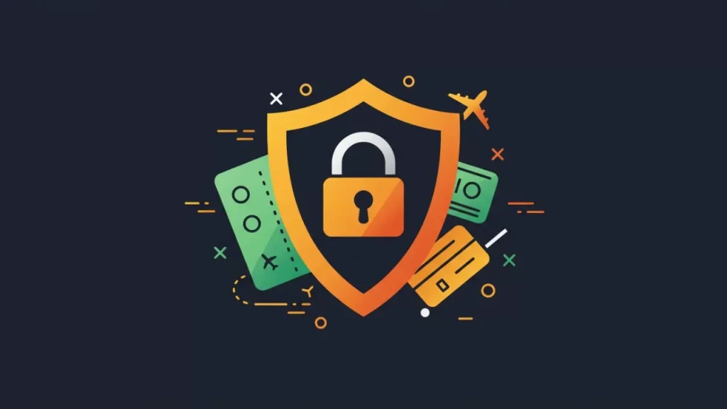 Uma ilustração gráfica plana com um escudo laranja e um cadeado branco e laranja no centro, cercado por ícones de um passaporte verde, notas de dinheiro, uma mala amarela e um avião em um fundo azul escuro com elementos decorativos lineares.