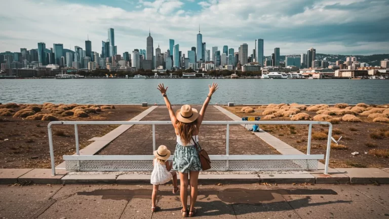 Mae e filha apreciam a vista da cidade em sua viagem
