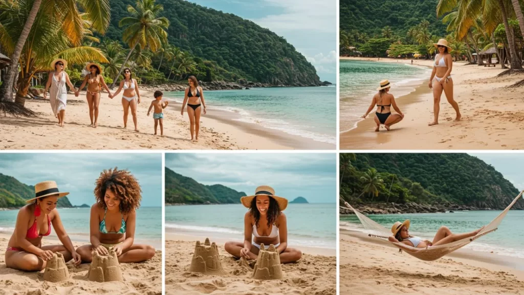 10 Melhores Destinos de Férias no Espírito Santo: Seu Guia Definitivo e Completo para Férias Inesquecíveis em 2025 4 Melhores Destinos de Férias no Espírito Santo: Colagem de seis fotos que retratam momentos de lazer em praias de Guarapari. As imagens mostram grupos de amigos e famílias caminhando na areia, brincando de construir castelos de areia, e uma pessoa relaxando em uma rede sobre a água. As cenas incluem palmeiras, areia branca, mar azul-turquesa e colinas verdes ao fundo, transmitindo uma atmosfera de diversão e tranquilidade.