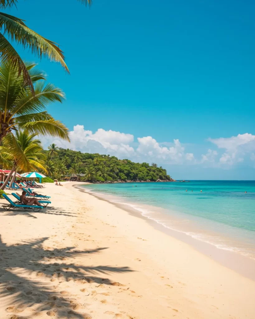 Viagem Para Praia Ideal: Descubra o Seu Paraíso Particular e Planeje o Inesquecível! 4 Uma colagem de cinco fotos: duas mostrando uma praia tropical com bangalôs sobre a água e na areia, uma com um pai e três filhos caminhando na praia, uma com duas pessoas relaxando em espreguiçadeiras na areia, uma paisagem aérea mostrando recifes de coral em águas cristalinas com um pequeno barco, e uma foto do sol se pondo sobre o mar calmo visto de um resort à beira-mar.