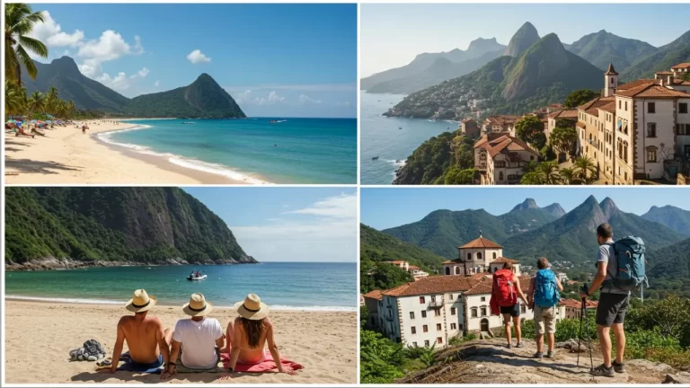 Mosaico de paisagens e atividades de viagem em Guarapari Espirito Santo Brasil