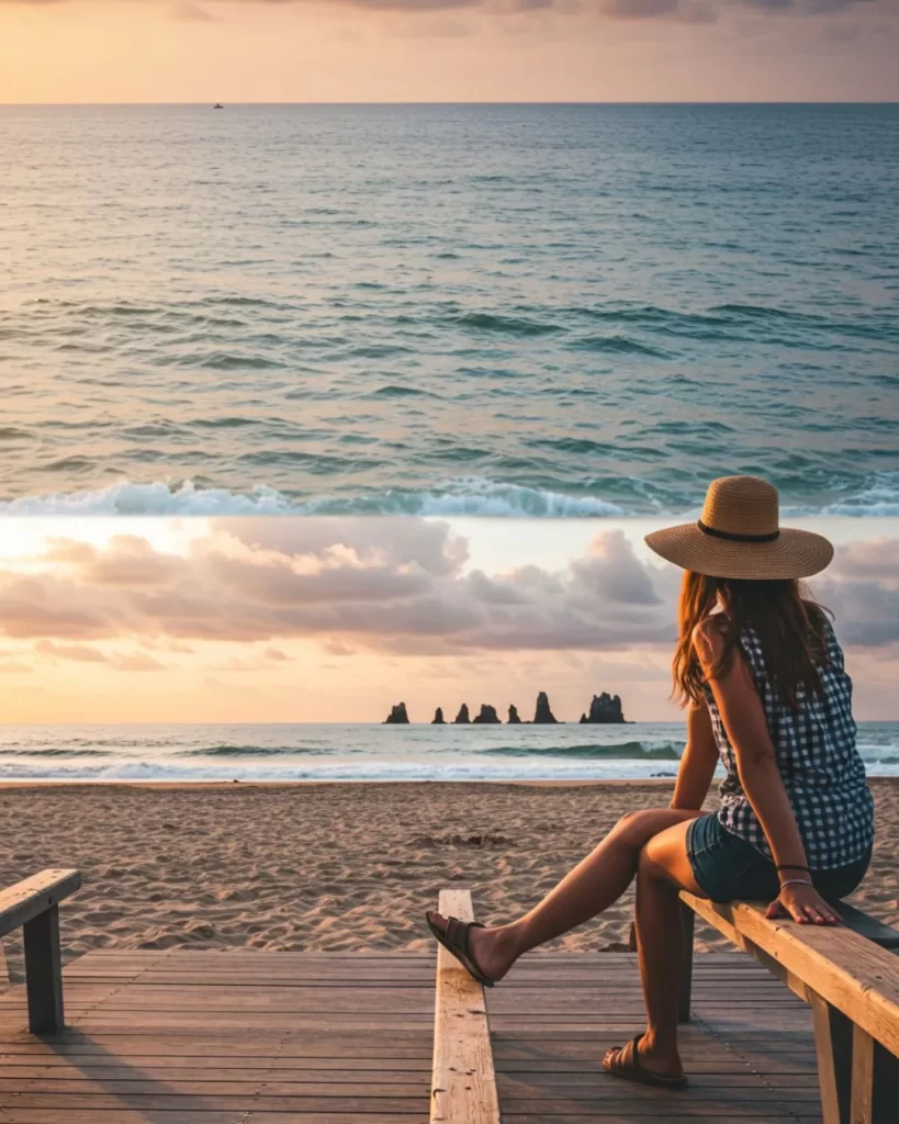 Descubra: Qual o Melhor Site para Fechar Viagens? 2 Qual o Melhor Site para Fechar Viagens: Uma mulher de chapéu de palha está sentada em um banco de madeira na praia, de costas, observando o mar calmo e o pôr do sol.