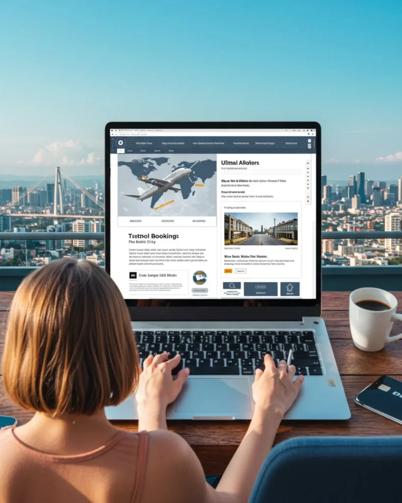 Descubra: Qual o Melhor Site para Fechar Viagens? 1 Qual o Melhor Site para Fechar Viagens: Vista de trás de uma mulher digitando em um laptop, cuja tela mostra um site de reservas de viagem, com a silhueta de uma grande cidade ao fundo.