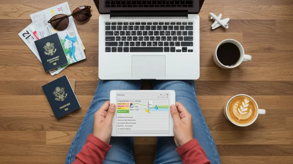 Qual a Agência de Viagem Mais Confiável: Uma visão de cima de uma pessoa sentada com um laptop aberto, dois passaportes americanos, óculos de sol, um avião de brinquedo, uma xícara de café preto, um cappuccino e um tablet mostrando gráficos de dados em suas mãos.