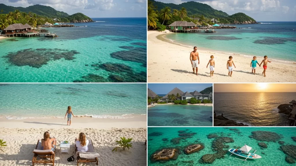 Viagem Para Praia Ideal: Descubra o Seu Paraíso Particular e Planeje o Inesquecível! 3 Espreguiçadeiras azuis com pessoas relaxando sob a sombra de palmeiras em uma praia de areia clara com mar azul-turquesa e vegetação exuberante ao fundo, sob um céu azul com algumas nuvens brancas.