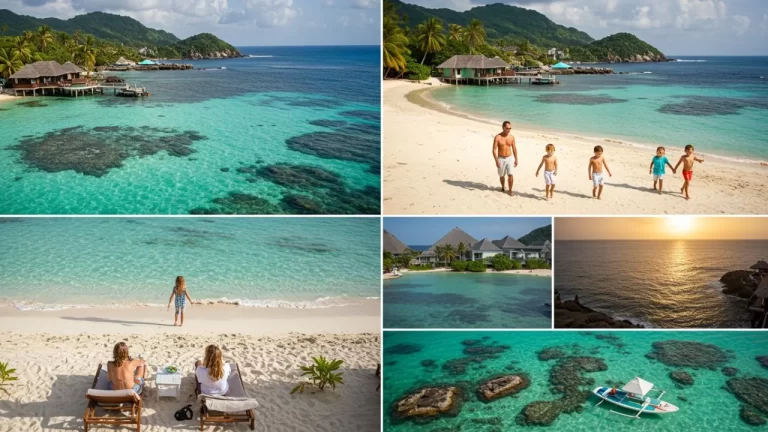 Praia tropical com espreguicadeiras e palmeiras sob ceu azul