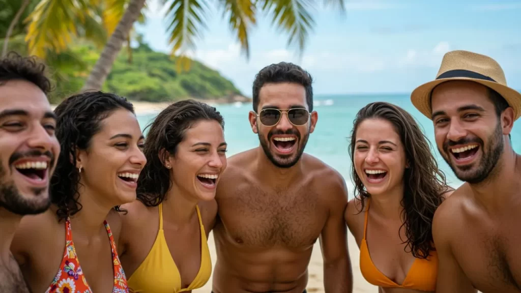 10 Melhores Destinos de Férias no Espírito Santo: Seu Guia Definitivo e Completo para Férias Inesquecíveis em 2025 3 Melhores Destinos de Férias no Espírito Santo: Close-up de um grupo de seis jovens adultos, três homens e três mulheres, sorrindo e rindo abertamente para a câmera em uma praia ensolarada em Guarapari. Eles estão em trajes de banho, e o mar azul e o céu claro são visíveis ao fundo, com uma palmeira à esquerda. A imagem transmite alegria, amizade e a diversão de um dia de praia.