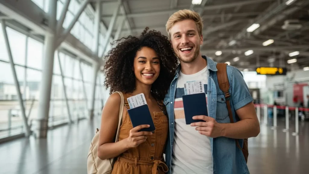Destinos de Viagens Top: Um Guia Completo para Planejar Sua Próxima Aventura Inesquecível 1 Destinos de Viagens Top: Casal multirracial animado mostrando passaportes e passagens em um aeroporto com iluminação natural.