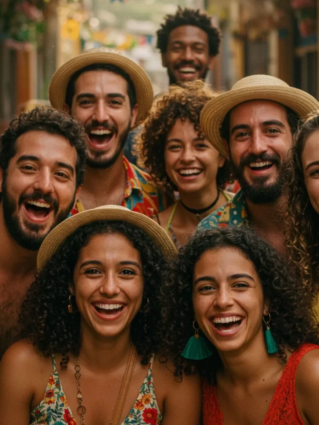 cropped Grupo de Amigos Celebrando em Festa de Rua