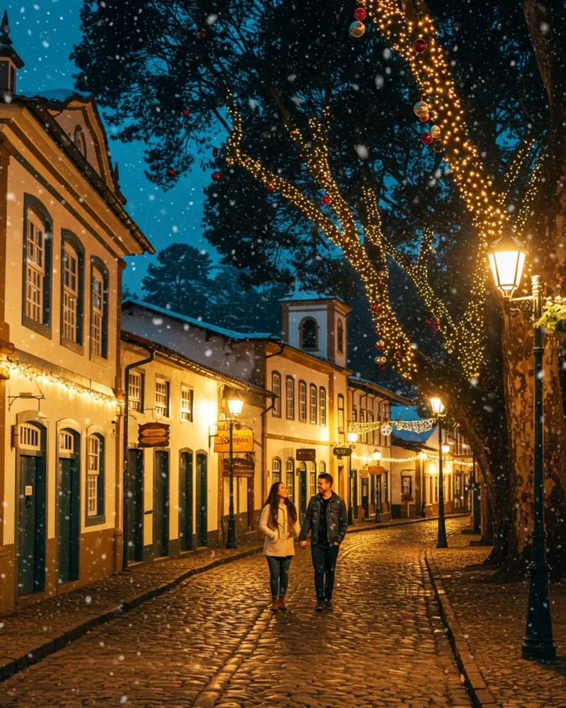  Fotografia noturna de um casal de mãos dadas caminhando por uma rua de paralelepípedos ladeada por edifícios coloniais brancos com janelas e portas escuras, decorados com luzes de Natal e neve caindo suavemente. WayVix Viagens.