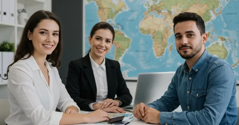 Equipe de agencia de viagens sorrindo em escritorio WayVix Viagens