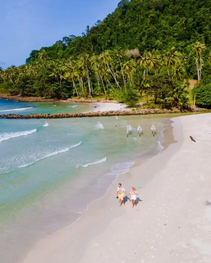 Como funciona o RCI viagens? Guia completo para transformar sua propriedade de férias em experiências incríveis 7 Vista aérea de um casal caminhando de mãos dadas em uma praia deserta com palmeiras. Aprenda como funciona o RCI viagens e planeje uma viagem romântica.