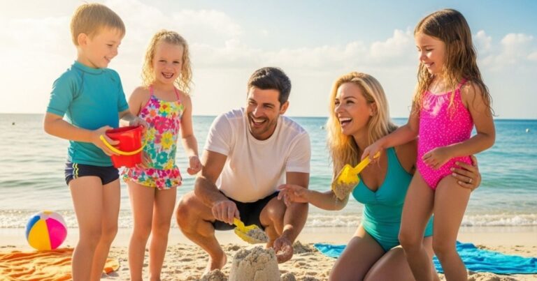 Crianças brincando na areia da Praia da Costa, uma ótima opção de lazer conforme o guia O que fazer em Vila Velha com crianças.