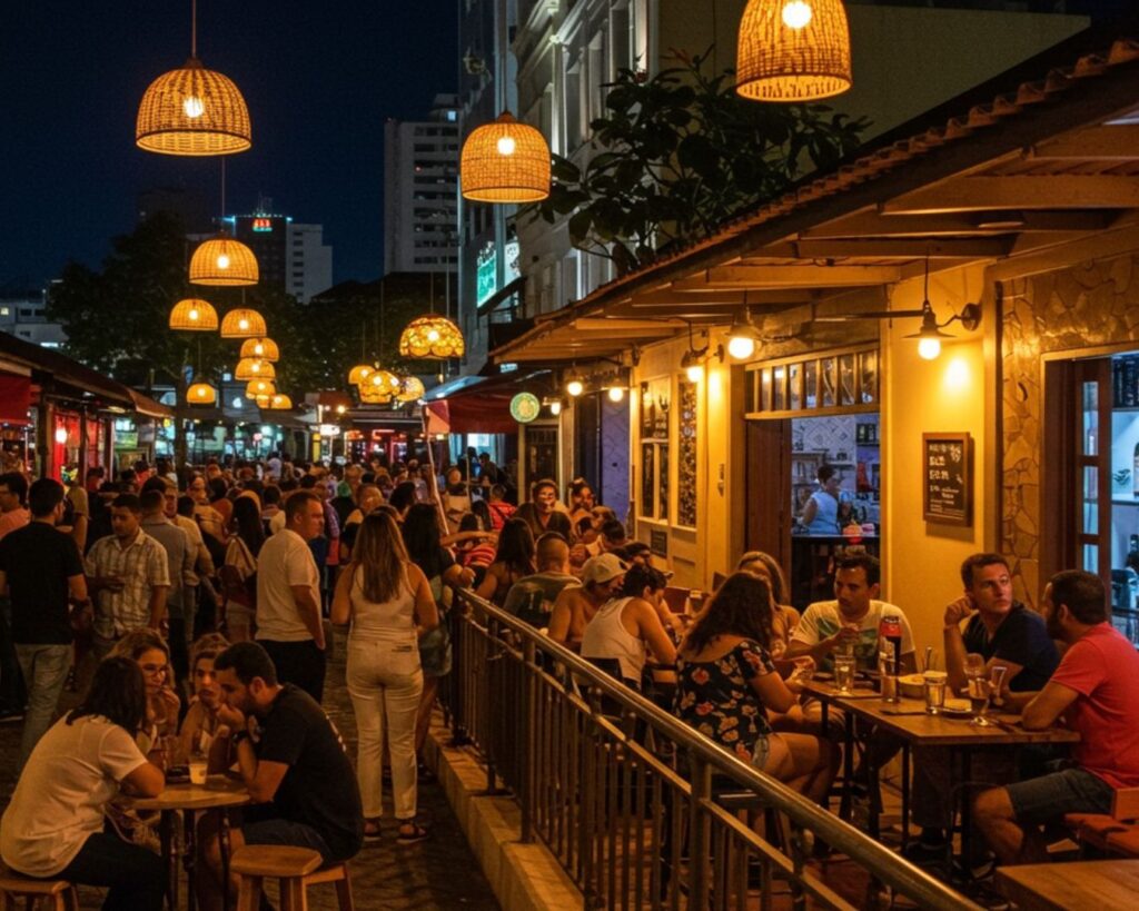 Vida Noturna em Vitória: Um Guia Completo para Bares e Restaurantes 1 vida noturna em Vitória: Foto de uma rua movimentada à noite, repleta de pessoas em mesas de bares e restaurantes. O ambiente é iluminado por lâmpadas penduradas e as calçadas estão cheias de pedestres, capturando a energia da vida noturna de Vitória, Espírito Santo.