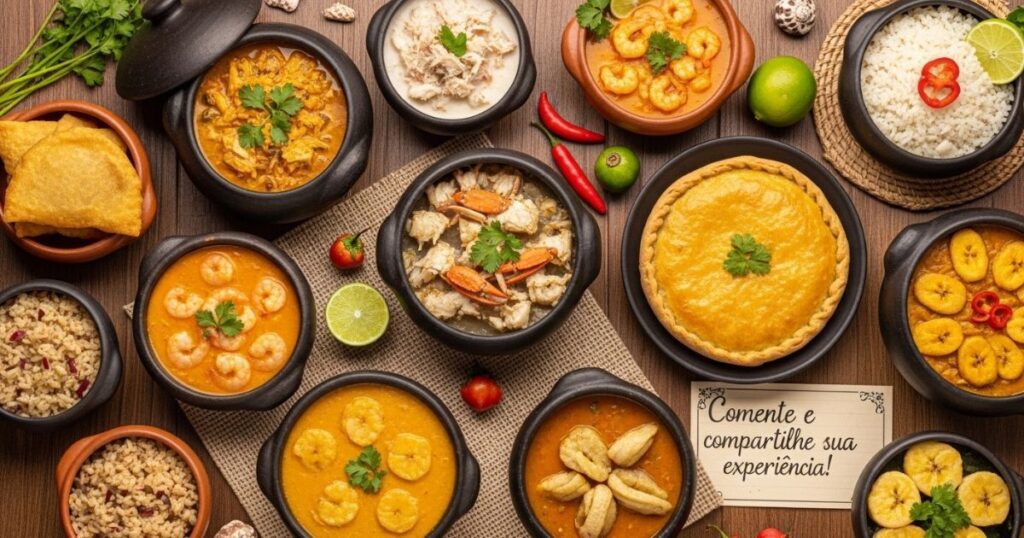 Gastronomia Capixaba: Sabores que Contam Histórias do Espírito Santo 1 Gastronomia Capixaba: Uma vista aérea de uma mesa de madeira repleta de pratos típicos da culinária do Espírito Santo. O centro da mesa é ocupado por uma variedade de moquecas e outros ensopados servidos em panelas de barro, incluindo moqueca de camarão e um prato com caranguejos. Há também uma torta salgada grande, porções de arroz, bananas em rodelas e um pastel frito. Entre os pratos, há limões, pimentas e um cartão que diz "Comente e compartilhe sua experiência!"