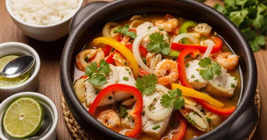 Gastronomia Capixaba: Sabores que Contam Histórias do Espírito Santo 2 Gastronomia Capixaba: Um close-up de uma moqueca capixaba fumegante servida em uma panela de barro tradicional. O ensopado contém pedaços de peixe branco, camarões, rodelas de cebola, pimentões vermelhos e amarelos, além de cheiro-verde fresco. Ao lado da panela, em pequenos recipientes brancos, há rodelas de limão.