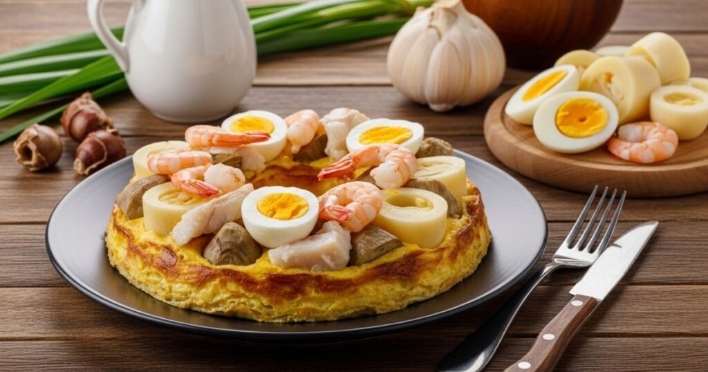 Gastronomia Capixaba: Sabores que Contam Histórias do Espírito Santo 3 Gastronomia Capixaba: Uma torta salgada e redonda, com uma base dourada, servida em um prato preto sobre uma mesa de madeira. A torta é ricamente coberta com camarões, postas de peixe branco, fatias de palmito e ovos cozidos cortados ao meio. No fundo, há um jarro branco, um alho grande e outros ingredientes.